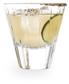 AY-KLEOS-MIO is a margarita made with KLEOS Mastiha Spirit, blanco tequila, and fresh lime served on the rocks with a black pepper rim and lime wheel garnish.