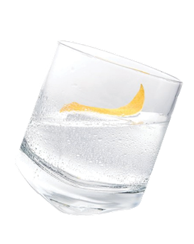 KLEOS Mastiha Spirit over a large ice cube with a twist of lemon peel