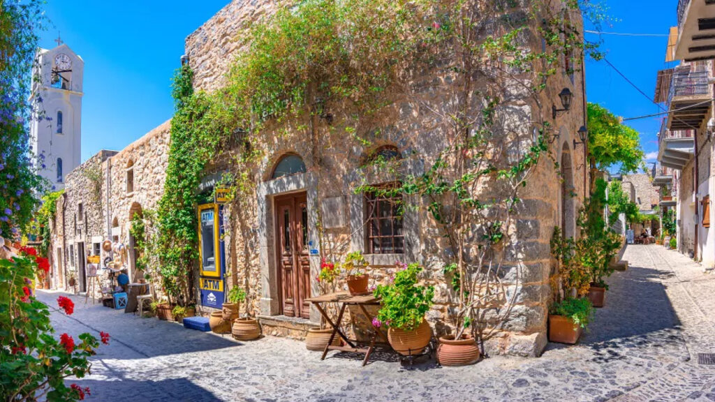 An alleyway in Chios with shops and vines