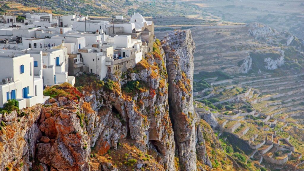 View of buildings on a cliff in Folegandros