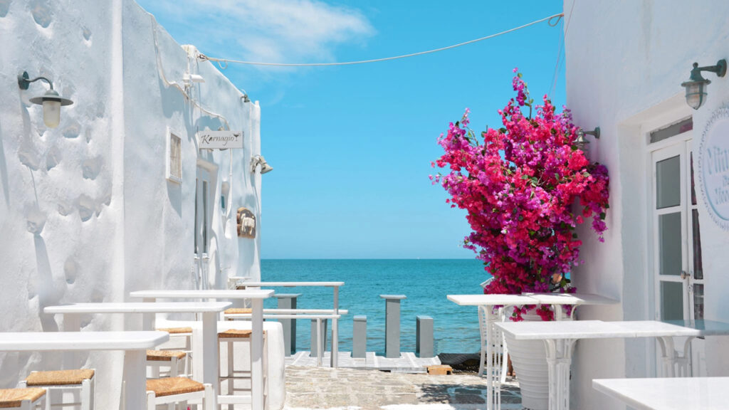 View of an outside area facing the sea, from the island of Paros in Greece during high noon.