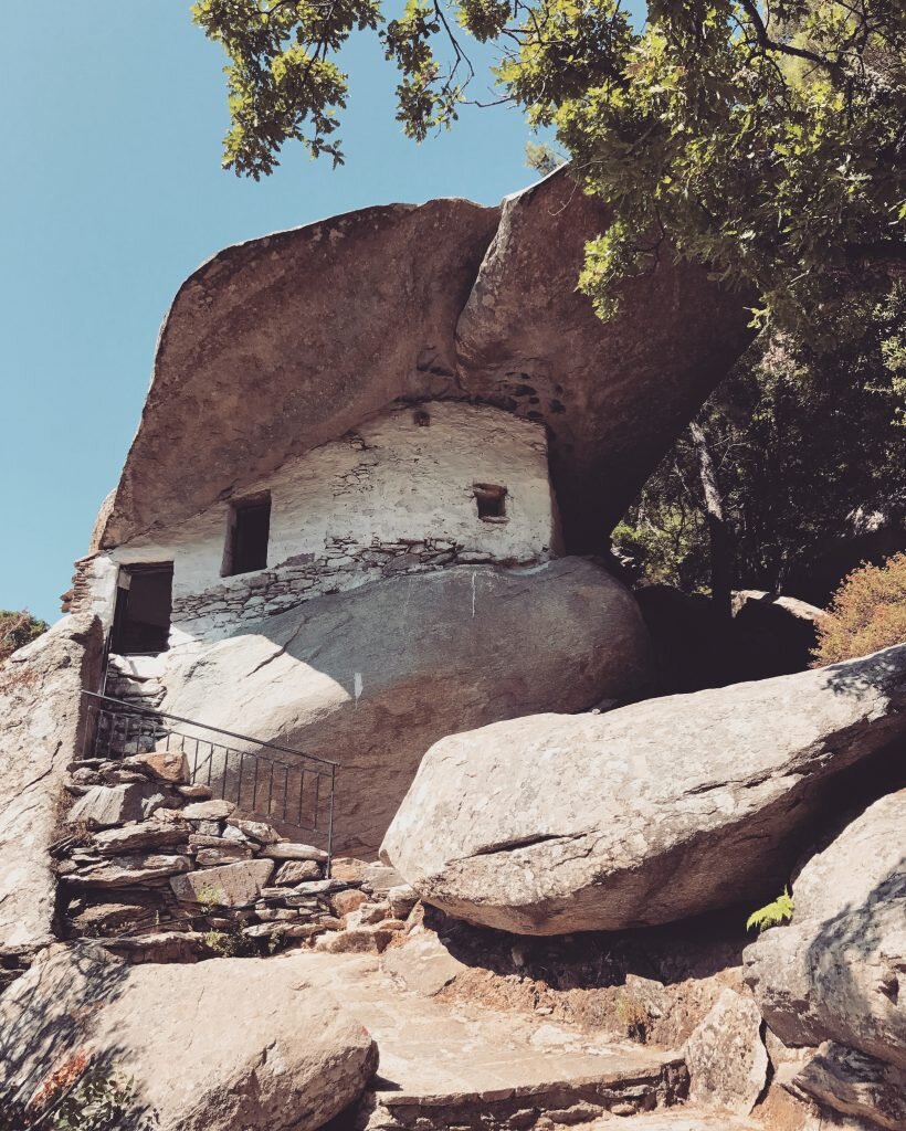 Monastery built into stone mountain on island of Ikaria